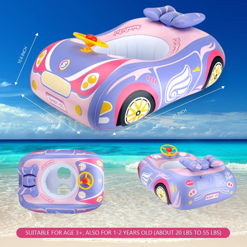 BOffer Baby Pool Float with 3D Car Design, PVC Baby Swim Float, Toddler Pool Float, Swimming Floats Seat Boat Pool Toys with Steering Wheel for 12-18, 12-24 Months, Age 2-3, 3+ Years Girl Boy - Image 2